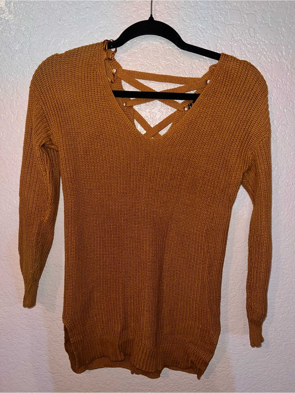 Crisscross V-Neck Knit Sweater in Mustard